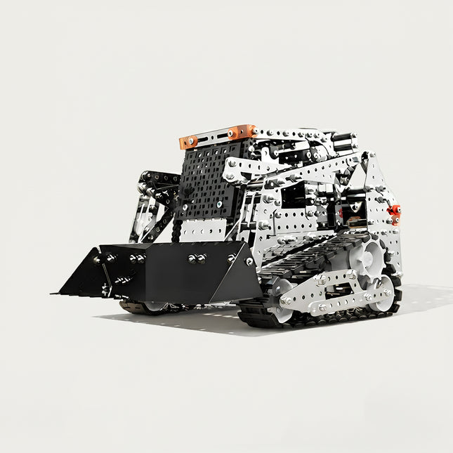 A clean product shot of a skid-steer loader metal model on a plain white background, built from 3D puzzle Metal Kits as an awesome steampunk puzzle steam punk mech.