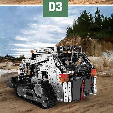 A rear view of the metal skid-steer loader model showing internal mechanics and tracks, built from 3D puzzle Metal Kits as an awesome steampunk puzzle steam punk mech.