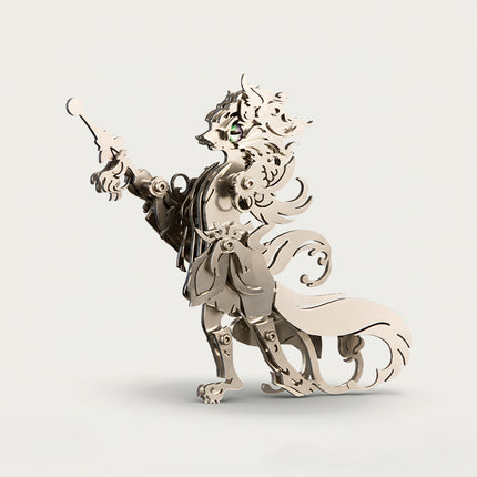 Table Funny DIY 3D puzzle Metal Kits: Silver metal figure of a mythological fox warrior holding a staff, featuring layered cut-out sheets and an emerald green eye. A sleek metal model for desktop display.