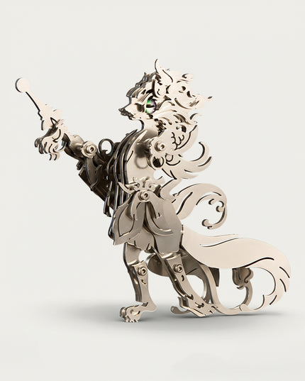 Table Funny DIY 3D puzzle Metal Kits: Silver metal figure of a mythological fox warrior holding a staff, featuring layered cut-out sheets and an emerald green eye. A sleek metal model for desktop display.