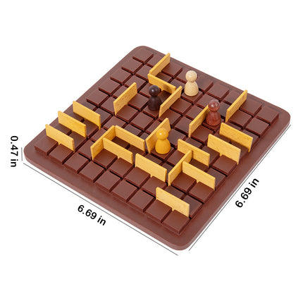 A compact, portable maze board game with brown tiles and yellow walls, featuring four colorful pawns. This small and funny table game measures 6.69 inches by 6.69 inches, making it perfect for travel or quick fun at any funny table gathering.