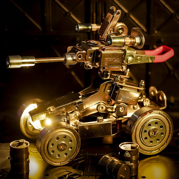 A detailed steam punk mech combat vehicle metal model accompanied by miniature barrels, built from advanced 3D puzzle metal kits.
