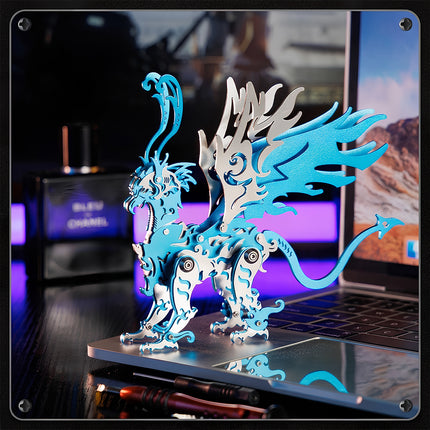 Intricate steam punk mech displayed on a desk, representing a high-detail mechanical steampunk metal model.