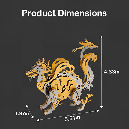 Product dimensions diagram for a golden steam punk mech dragon 3D metal model, measuring 5.51 by 4.33 inches.