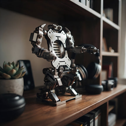 Finished Tablefunny steam punk mech model displayed on a wooden shelf, highlighting the detailed design of 3D puzzle Metal Kits for home decor.