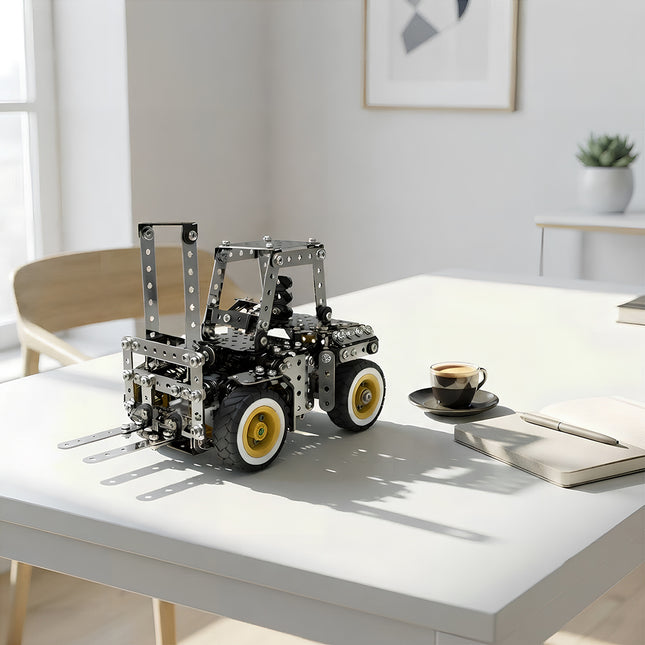 A detailed mechanical steampunk forklift metal model on a white desk, featuring an industrial steam punk mech style as a premium 3D puzzle Metal Kit.