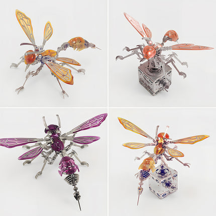 Collection of 3D puzzle metal kits featuring steam punk mech hornet models in amber, pink, and purple editions.