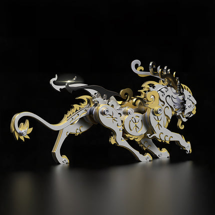 A side view of the mechanical steampunk mech Kylin, an intricate metal model and 3D puzzle metal kit by TableFunny.