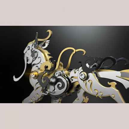 Steam punk mech Luwu mythical beast model kit with gold and silver mechanical body parts.