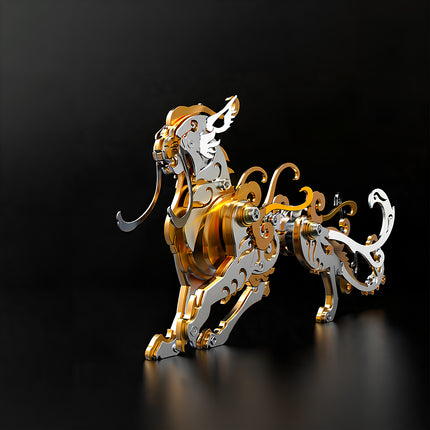 Steam punk mech of Luwu tiger god, a golden and silver metal model kit for 3D puzzle hobbyists.