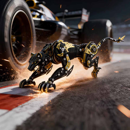 A futuristic black and gold mechanical steampunk leopard racing on a track with sparks flying, showcasing a high-performance steam punk mech design as a collectible metal model.