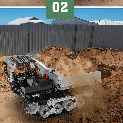 Action shot of the Tablefunny steam punk mech dump truck working on sand, showcasing its playability as an advanced metal model.