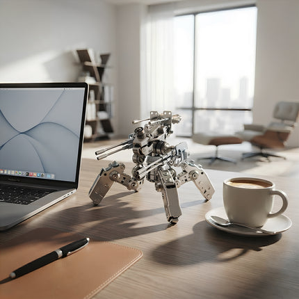 A sophisticated four-legged steam punk mech displayed on a modern office desk, an intricate mechanical steampunk metal model for desktop decoration.