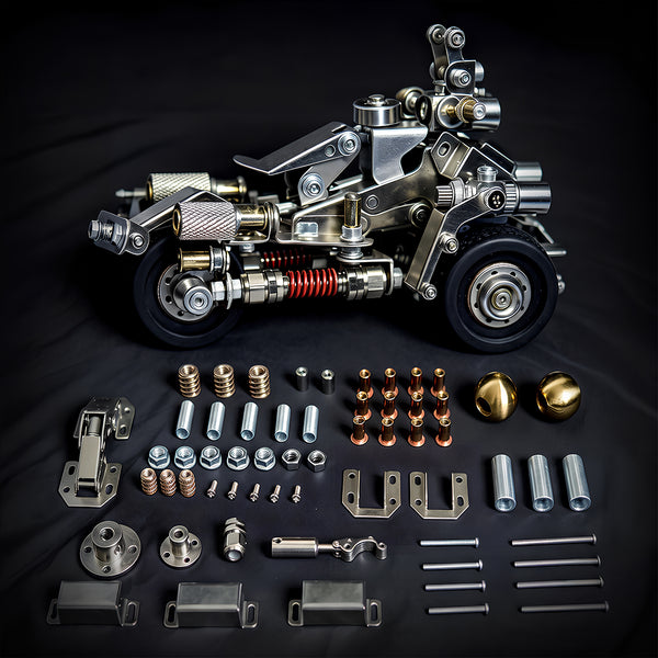 An assembled steam punk mech vehicle metal model displayed neatly alongside its 3D puzzle metal kits and individual assembly parts.