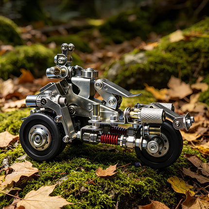 A detailed steam punk mech vehicle metal model resting on a mossy forest ground covered with autumn leaves, built from 3D puzzle metal kits.