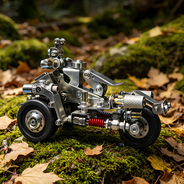 A detailed steam punk mech vehicle metal model resting on a mossy forest ground covered with autumn leaves, built from 3D puzzle metal kits.