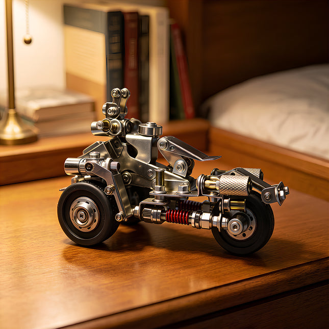A warm lifestyle view of a steam punk mech vehicle metal model displayed on a wooden bedside table, built from 3D puzzle metal kits.