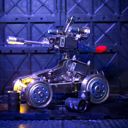 Full view of a steam punk mech combat vehicle metal model under blue ambient lighting, built from 3D puzzle metal kits.