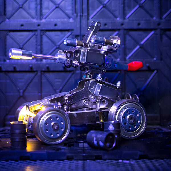 Full view of a steam punk mech combat vehicle metal model under blue ambient lighting, built from 3D puzzle metal kits.