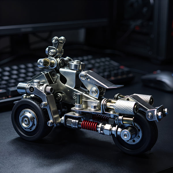 A sleek steam punk mech vehicle metal model displayed on a gaming desk setup, built from 3D puzzle metal kits.