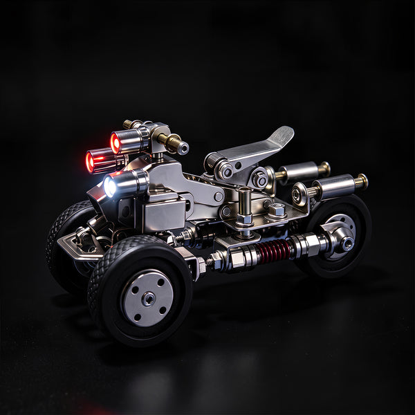 Studio shot of an illuminated steam punk mech vehicle metal model with glowing headlights, built from 3D puzzle metal kits.