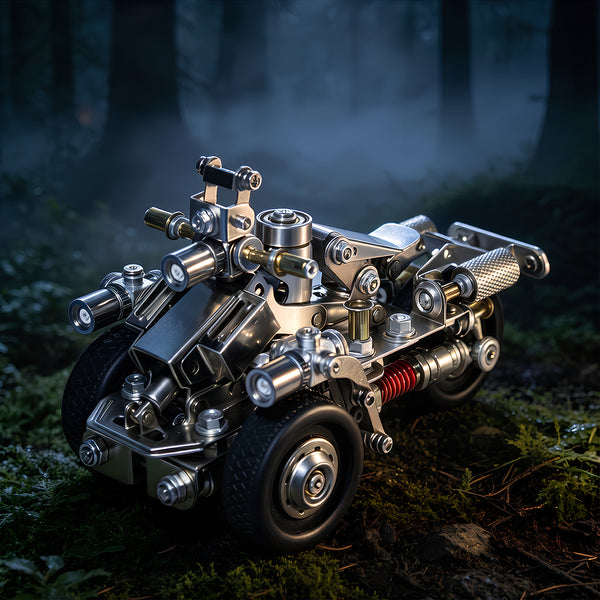 A rugged steam punk mech vehicle metal model exploring a misty forest floor, built from advanced 3D puzzle metal kits.