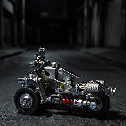 A sleek steam punk mech vehicle metal model parked on a dark industrial street background, built from 3D puzzle metal kits.