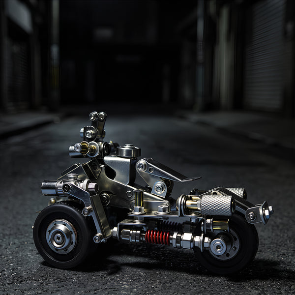 A sleek steam punk mech vehicle metal model parked on a dark industrial street background, built from 3D puzzle metal kits.