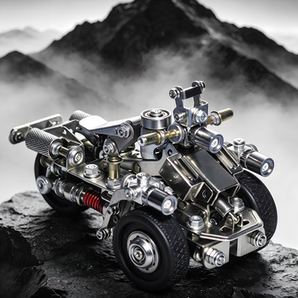 A majestic steam punk mech vehicle metal model perched on a rocky cliff with a dramatic mountain background, built from 3D puzzle metal kits.