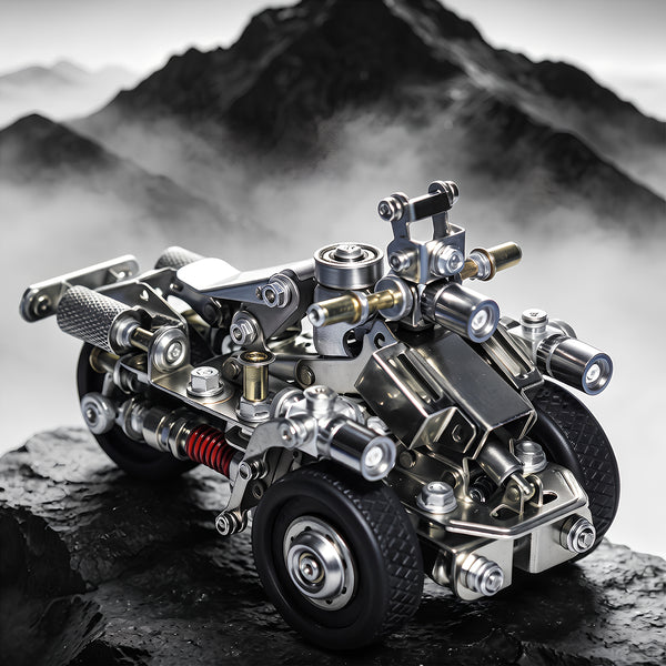 A majestic steam punk mech vehicle metal model perched on a rocky cliff with a dramatic mountain background, built from 3D puzzle metal kits.