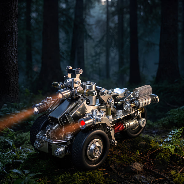 An illuminated steam punk mech vehicle metal model with working lights navigating a dark forest night scene, built from 3D puzzle metal kits.