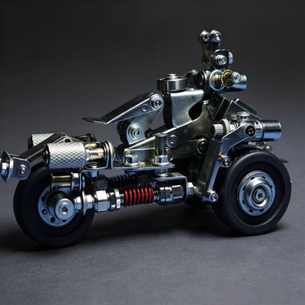Studio profile view of a steam punk mech vehicle metal model highlighting its intricate red springs and wheels, built from 3D puzzle metal kits.