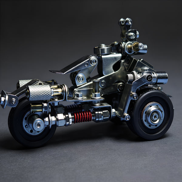 Studio profile view of a steam punk mech vehicle metal model highlighting its intricate red springs and wheels, built from 3D puzzle metal kits.