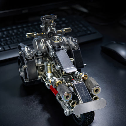 High-angle view of a steam punk mech vehicle metal model resting on a desktop, built from advanced 3D puzzle metal kits.