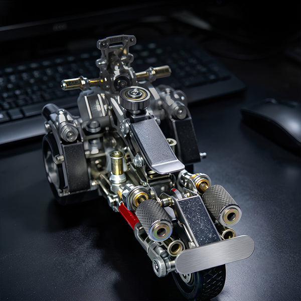 High-angle view of a steam punk mech vehicle metal model resting on a desktop, built from advanced 3D puzzle metal kits.