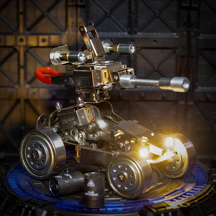 Complete steam punk mech combat vehicle model equipped with LED lights and built from 3D puzzle metal kits.