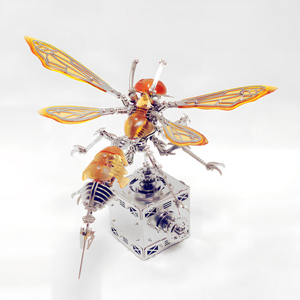 Side perspective of a steam punk mech hornet metal model, highlighting the tail stinger and gear base mechanism