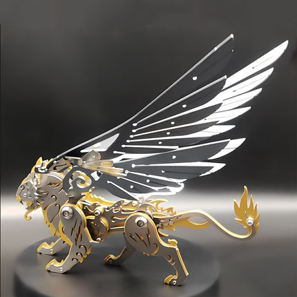 Side view of a steam punk mech white tiger model, meticulously assembled from DIY 3D puzzle metal kits, featuring sharp silver wings and mechanical joints from tablefunny.com.