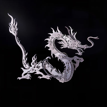 Sleek steam punk mech style dragon sculpture, a sophisticated stainless steel metal model for desk display.