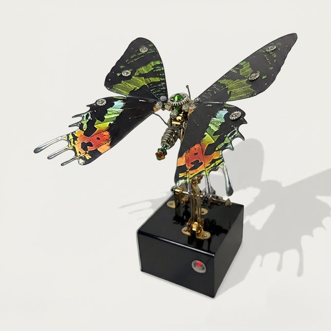 Artistic steampunk mechanical butterfly ornament with detailed gear body and vibrant patterned wings.