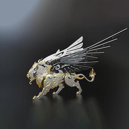A side view of the completed steampunk mechanical Baihu white tiger 3D metal puzzle kit with gold and silver wings on a reflective black background.