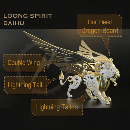 An infographic image of the steampunk mechanical Baihu white tiger 3D metal model, labeled with features like lion head, double wing, lightning tail, and lightning tattoo.