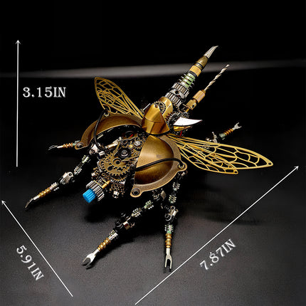roduct dimensions infographic of the mechanical steampunk beetle model, 3D puzzle metal kits by TableFunny.