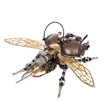 Front perspective view of mechanical steampunk beetle model on white background, 3D puzzle metal kits by TableFunny.