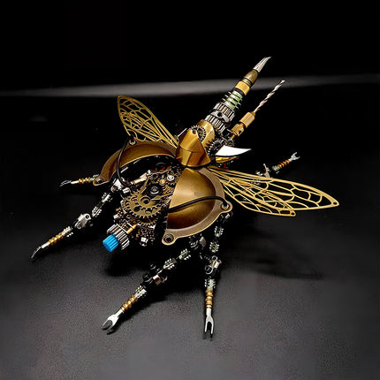 Perspective view of mechanical steampunk beetle model with brass components, 3D puzzle metal kits by TableFunny.