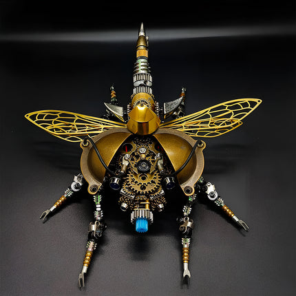 Rear view of mechanical steampunk beetle with open wings and complex gears, 3D puzzle metal kits by TableFunny.