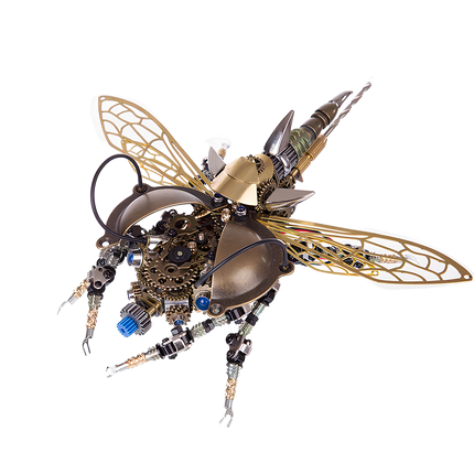 Top-down overhead view of mechanical steampunk beetle showing gears and brass wings, 3D puzzle metal kits by TableFunny.