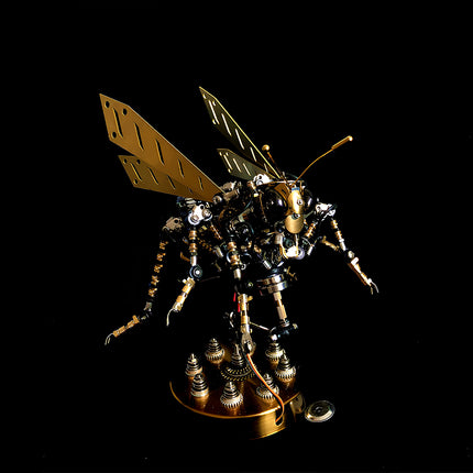 Assembled steampunk bumblebee 3D puzzle metal model, a captivating mechanical steampunk creation with detailed golden wings, displayed on a dark background.