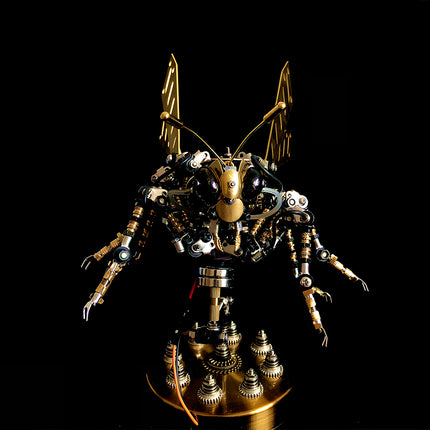  Front view of steampunk bumblebee mech 3D puzzle metal model, a detailed mechanical steampunk bust with prominent golden wings and large eyes, on a dark background.