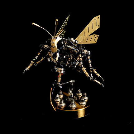 Steampunk bumblebee mech 3D puzzle metal model on a stand against a dark background, a striking mechanical steampunk insect with golden wings and intricate gears.